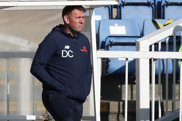 Hartlepool United manager Dave Challinor during the Vanarama National League match between Hartlepool United and Chesterfield at Victoria Park, Hartlepool on Saturday 1st May 2021. (Credit: Chris Booth | MI News)