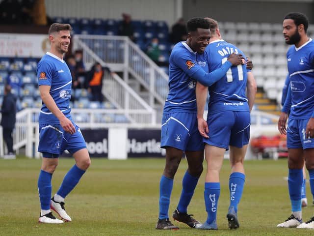 Rhys Oates of Hartlepool United celebrates after scoring their first goal  during the Vanarama National League match between Hartlepool United and Maidenhead United at Victoria Park, Hartlepool on Saturday 8th May 2021. (Credit: Mark Fletcher | MI News)