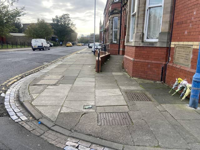 Flowers placed the the junction of Raby Road and Tees Street, in Hartlepool, following the murder of Terrence Carney last October.