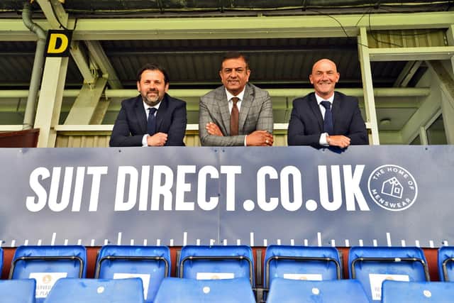 (Left to right) Manager Paul Hartley, chairman Raj Singh and assistant manager Gordon Young photographed in the Suit Direct Stadium. Picture by FRANk REID