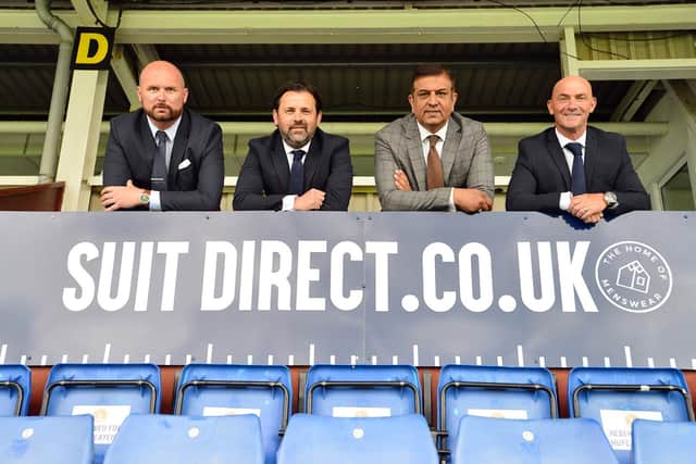 (Left to right) Chief Operating Officer Stephen Hobin, Manager Paul Hartley, Chairman Raj Singh and Assistant Manager Gordon Young photographed in the Suit Direct Stadium. Picture by FRANk REID