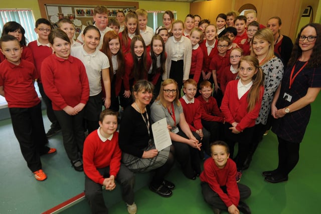 Head teacher of Brougham Primary School, Julie Thomas, was pictured holding the letter which praised the school and put it in the top 100 in the UK for progress.