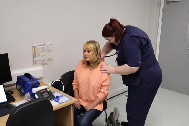 Janice Hutchinson, an asthma patient from Hartlepool, during an asthma clinic with nurse lead Louise Parkin.