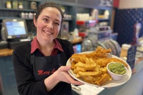 Phillipa Lambert, owner, with a portion of Mary Lambert's fish, chips and peas.
