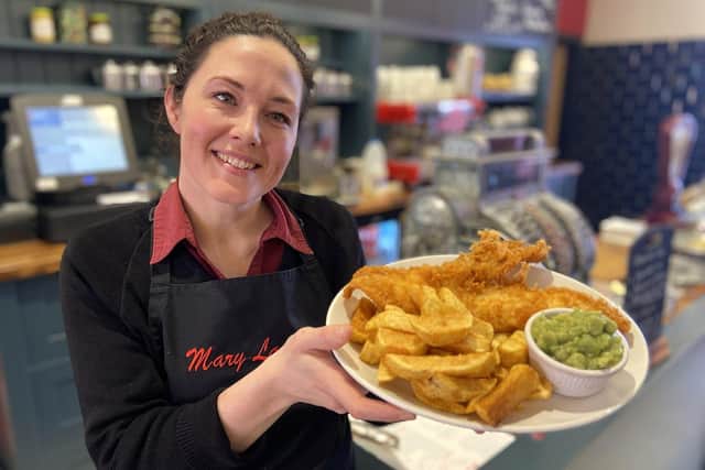 Phillipa Lambert, owner, with a portion of Mary Lambert's fish, chips and peas.