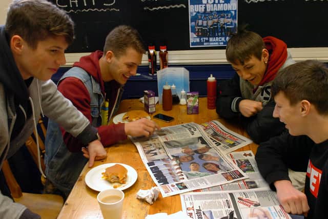 Members of Ruff Diamond read their centre-spread story in the Hartlepool Mail ahead of their trip to London to compete in the Got To Dance final in 2013. Left to right are: Lewis Cope, Jason Lund, Ryan Wilson and Ryan Llewellyn.