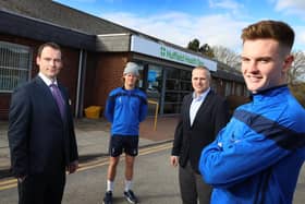From left: Hospital Director Steve Sharp, Sales and Service Manager Ross Huntley outside Nuffield Health Tees Hospital with Ben Killip and Mark Shelton from Hartlepool United. Picture: Simon Williams, Crest Photography.
