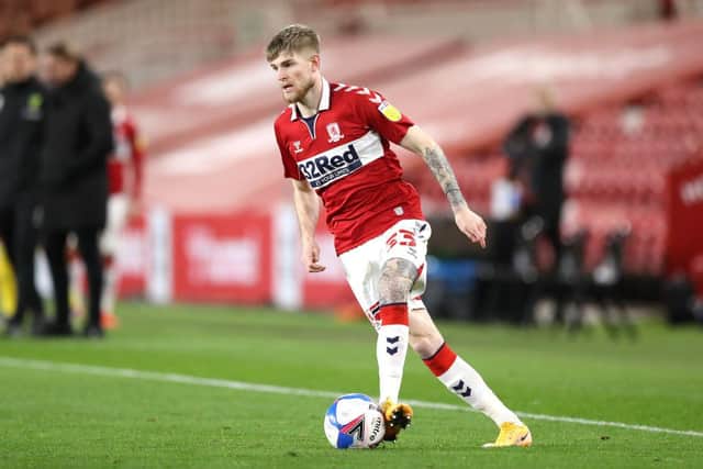 Hayden Coulson of Middlesborough on the ball during the Sky Bet Championship match between Middlesbrough and Norwich City at Riverside Stadium on November 21, 2020 in Middlesbrough, England. (Photo by George Wood/Getty Images)