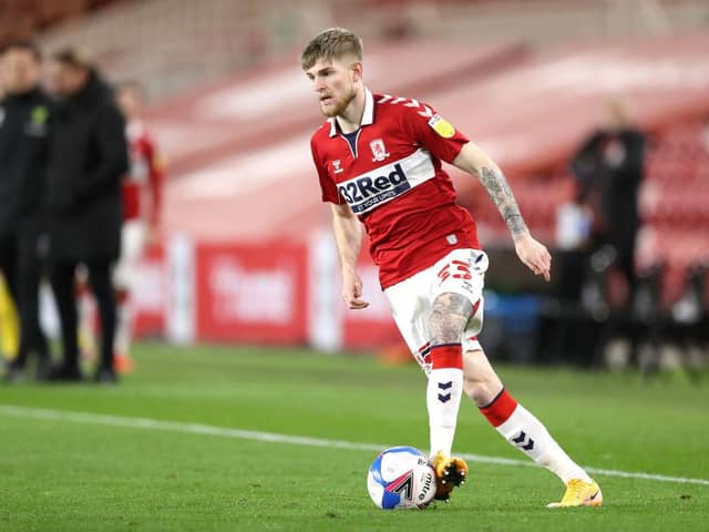 Hayden Coulson of Middlesborough on the ball during the Sky Bet Championship match between Middlesbrough and Norwich City at Riverside Stadium on November 21, 2020 in Middlesbrough, England. (Photo by George Wood/Getty Images)