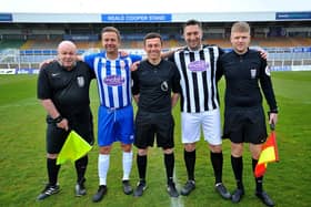 Graeme Lee alongside Micky Barron and Hartlepool referee Tony Harrington ahead of the Gemma Lee charity game at the Suit Direct Stadium. Picture by FRANK REID