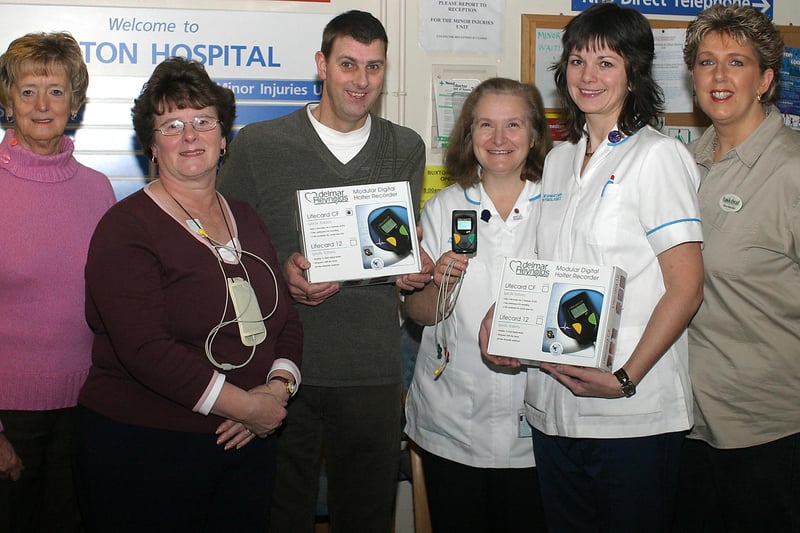 Buxton Hospital's Heart Foundation presentation where fund raisers Pauline and David Manning, Mavis Salthouse and Jayne Webster handed over ECG recorders to  clinical physiologists Barbara Thornley and Karen Lewis-Jones in 2006