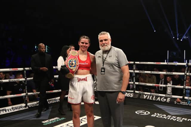 Savannah Marshall and trainer Peter Fury following Marshall's knockout victory over Femke Hermans in April. Picture by Martin Swinney