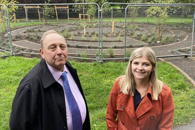Councillor Bob Buchan and Nicola Whittle, project officer (parks and open spaces) with the Burn Valley sensory garden behind them. Picture by FRANK REID