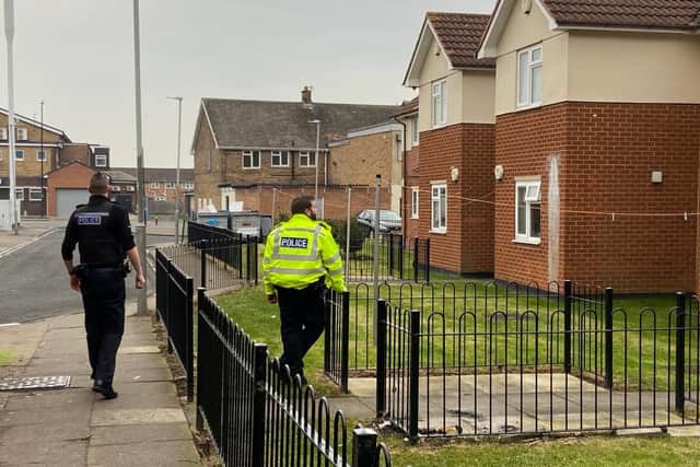Police in Glamis Walk, Hartlepool, during the incident.