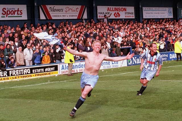 Hartlepool United legend Joe Allon celebrates his famous winning goal at Darlington in 1997.
