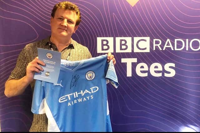 BBC Radio Tees presenter Paul ‘Goffy’ Gough with the personally signed Jack Grealish Manchester City shirt