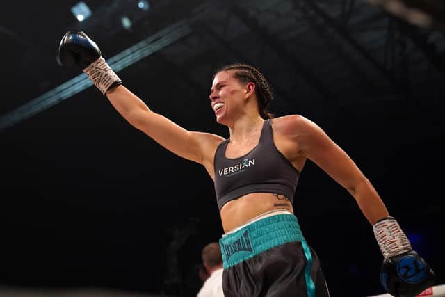 Savannah Marshall celebrates victory by knock-out over Lolita Muzeya. Picture: PA.