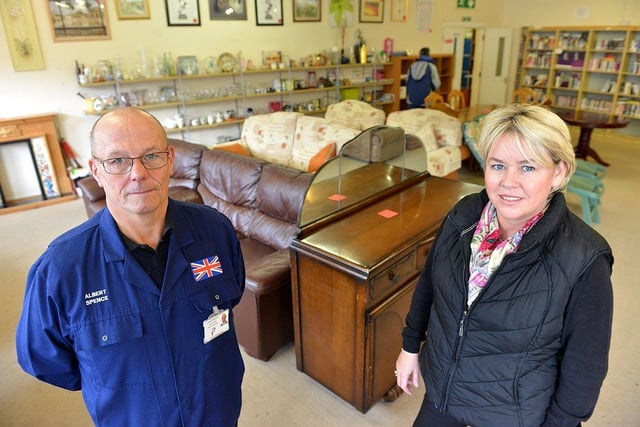 Albert Spence and Karen Witherley in the Raby Road Hospice shop in 2014.