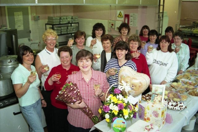 In 1998, Irene Harker retired from her role as Brierton School's dinner lady surrounded by her work friends who presented her with flowers and gifts to mark the occasion.