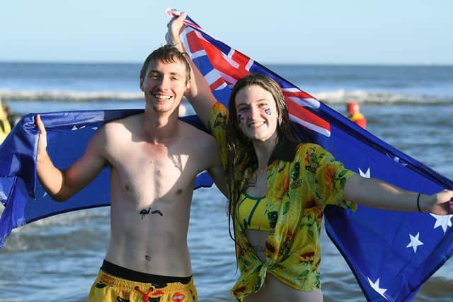 Steph Phillips and Marcus Lamperd from Australia took part in the Boxing Day Dip. Picture by FRANK REID