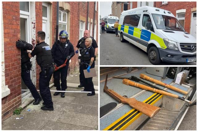 Police carry out a drugs raid in Keswick Street, Hartlepool and recover weapons from two addresses.