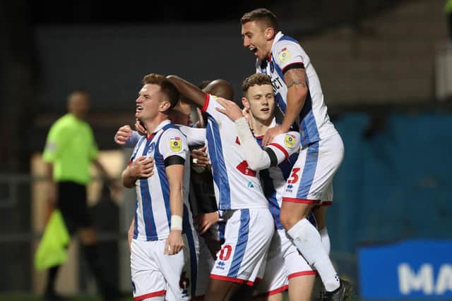 Mark Shelton scored his final goal for Hartlepool United in the 3-3 draw with Harrogate Town. (Credit: Mark Fletcher | MI News)