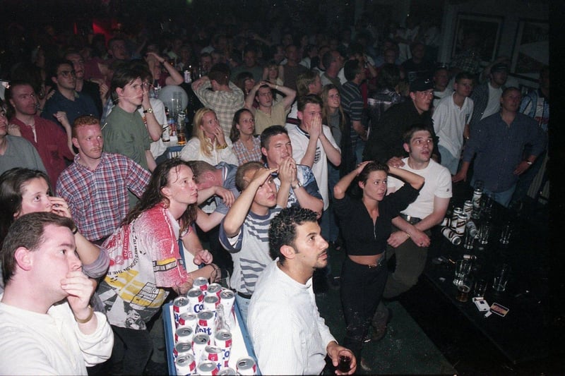 England fans pack the Sports Bar to watch the Euro 1996 semi-final between England and Germany at Wembley.