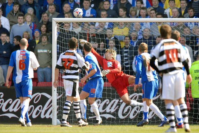 Pools keeper Dimi Konstantopoulos makes a save during the 2007 derby against the Quakers.