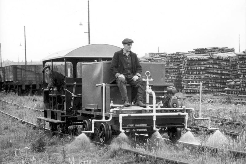 Railway workers are pictured on a weed killing job among the pit props at Seaton Carew in the 1950s.
