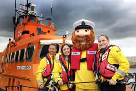 Stormy Stan pictured with (left to right) Hartlepool RNLI volunteer lifeboat crew members Glen Pearson, Daynor Gee and Alex Ramsay. Picture by Tom Collins.