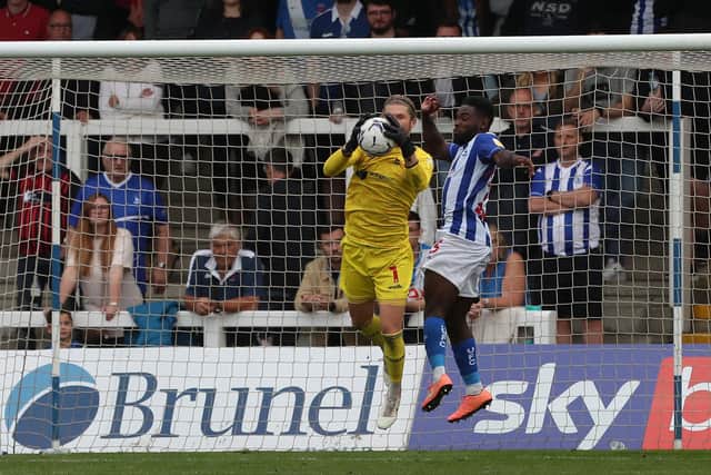 Ben Killip of Hartlepool United claims a cross  during the Sky Bet League 2 match between Hartlepool United and Exeter City at Victoria Park, Hartlepool on Saturday 25th September 2021. (Credit: Mark Fletcher | MI News)