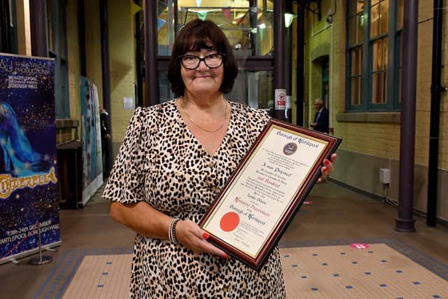 Lesley Gibson with her Freedom of the Borough award.