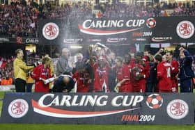 CARDIFF, WALES - FEBRUARY 29:  The Middlesbrough team celebrate with the Carling Cup after their victory over Bolton Wanderers in the Carling Cup Final match between Bolton Wanderers and Middlesbrough at The Millennium Stadium on February 29, 2004 in Cardiff, Wales.  (Photo by Clive Brunskill/Getty Images)