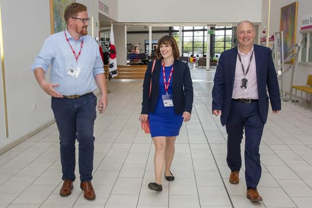 Shadow Education Secretary Bridget Phillipson with the candidate for Hartlepool MP, Cllr Jonathon Brash, and Darren Hankey, Principal at Hartlepool College of Further Education.