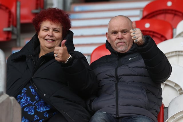 Hartlepool United supporters in good spirits at the Eco-Power Sadium. (Credit: Mark Fletcher | MI News )