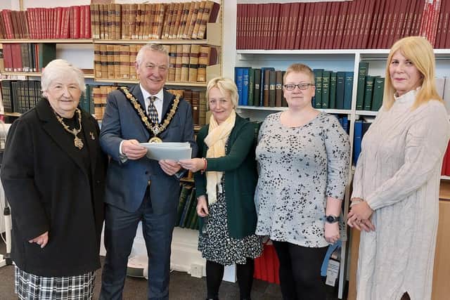 Hartlepool Ceremonial Mayor Cllr Brian Cowie and Mayoress Cllr Veronica Nichlson with Verona Martin, Angela Harvey and Karen Jordan at the opening of the Local and Family History Centre.
