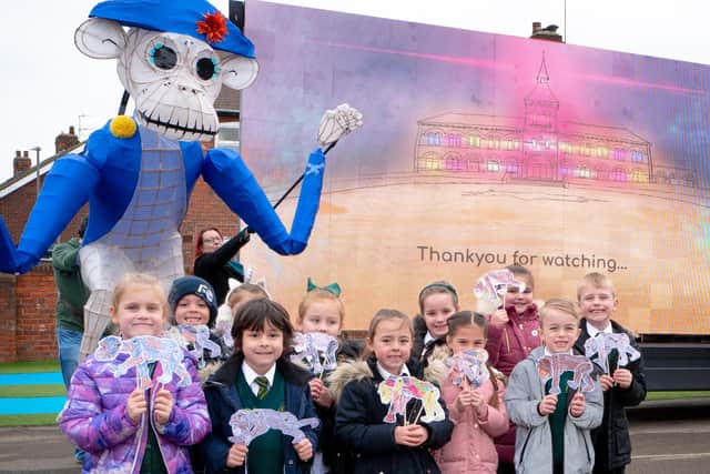 St Aidans Primary School children get a visit from Javert the Monkey thanks to Greener Lavelle for the launch of Wintertide 2020. Photo by @Raw35