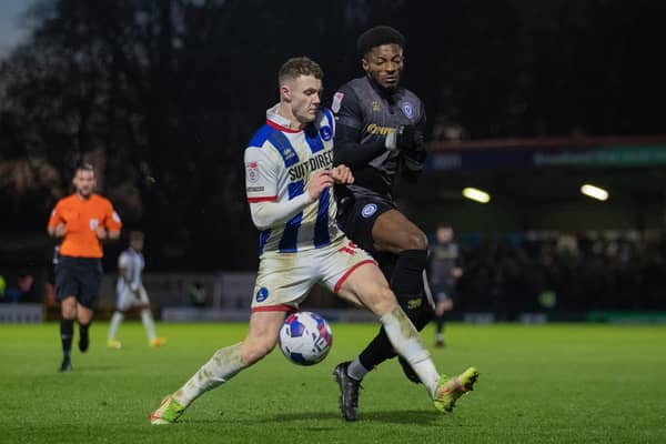 Hartlepool United were in their home kit at the Crown Oil Arena after Rochdale wore their change strip in support of the Shelter charity. (Credit: Mike Morese | MI News)