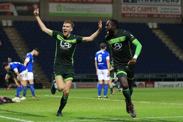 Gus Mafuta while at Hartlepool United celebrates with Mark Kitching after scoring his second and their fourth goal during the Vanarama National League match between Chesterfield and Hartlepool United at the Proact stadium, Chesterfield on Tuesday 26th November 2019. (Credit: Mark Fletcher | MI News)