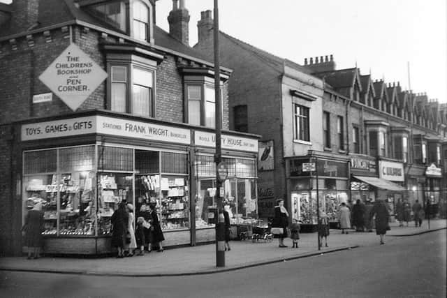 York Road  in the 1950s with Argosy third from the left after Frank Wright's toy shop in the foreground, and the wool shop Unity House.