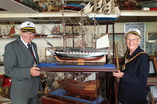 The Ceremonial Mayor of Hartlepool Brenda Loynes and her husband Cllr Den Loynes with the 3ft replica of HMS Trincomalee.