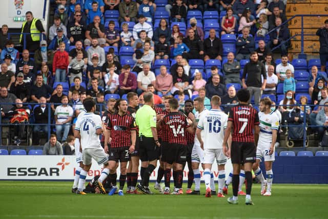 Tempers flare between the teams during the Sky Bet League 2 match between Tranmere Rovers and Hartlepool United at Prenton Park, Birkenhead on Saturday 4th September 2021. (Credit: Ian Charles | MI News)