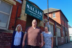 The Big League CIC representatives outside the Salaam Community Centre, in Murray Street (left to right) Sheila Hope, Ian Cawley and refugee support project coordinator Fiona Cook.