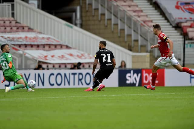 Nahki Well scores Bristol City's third goal against Middlesbrough.