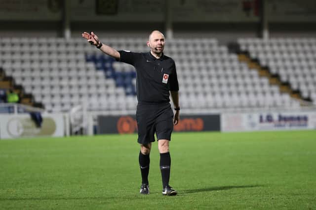 The match referee Peter Gibbons during the Vanarama National League match between Hartlepool United and Boreham Wood at Victoria Park, Hartlepool on Saturday 5th December 2020. (Credit: Mark Fletcher | MI News)