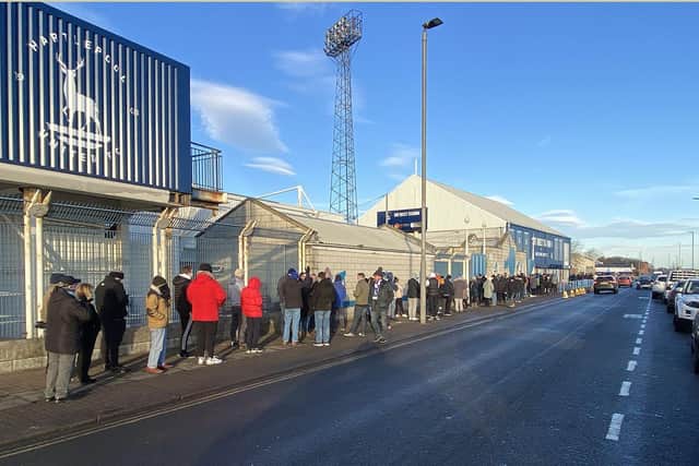 Long queues at Hartlepool United as coach and match tickets went on sale. Picture by FRANK REID