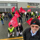 Unite regional officer Mike Routledge (front) with TMD Friction workers on strike outside the factory in Hartlepool.