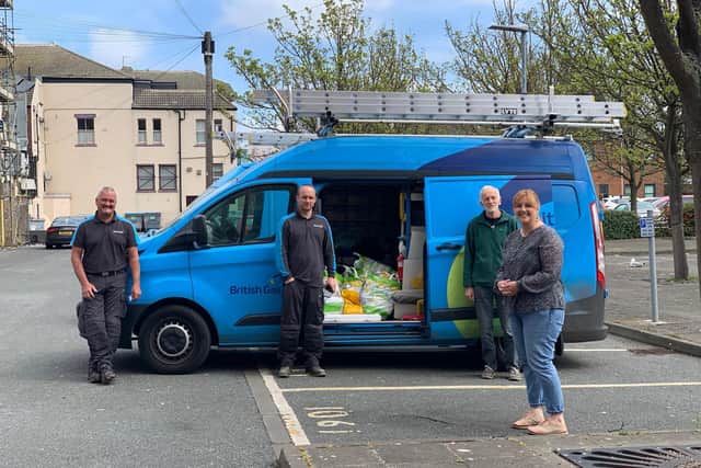 Lisa Lavender and Andrew Craig of Hartlepool Foodbank (right) with local British Gas workers about to deliver food parcels to clients across the town.