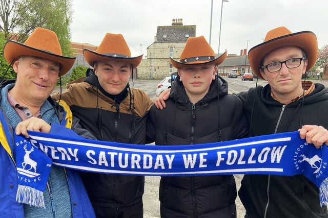 Last year fans travelled to Stockport dressed as cowboys. Pictured was Hartlepool fans Kevin and Tyler Bolton along with Talo Bates and Philip Pylle. Picture by FRANK REID