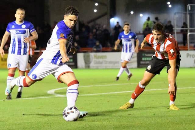 Hartlepool United's Charlie Seaman, left, in action at Altrincham on Tuesday night. Picture by Frank Reid.